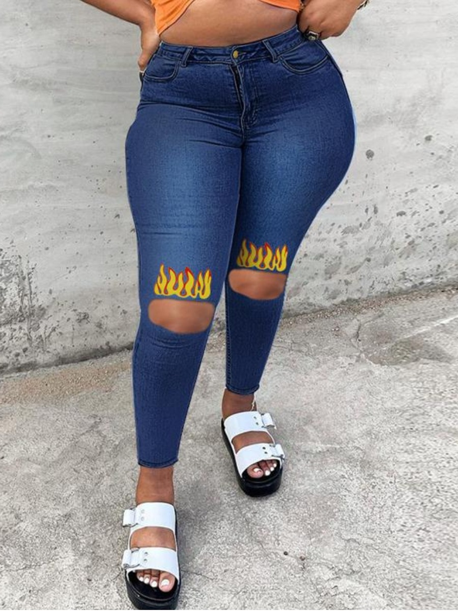 

LW Flame Print Ripped Jeans (No Stretch), Deep blue
