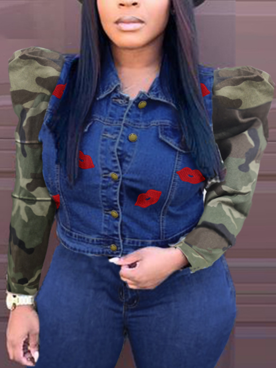 

LW Camo Print Fold Design Denim Jacket, Deep blue