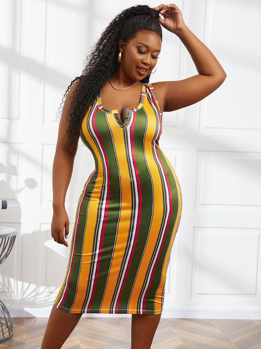 

Lovely Plus Size U Neck Striped Bodycon Dress, Green