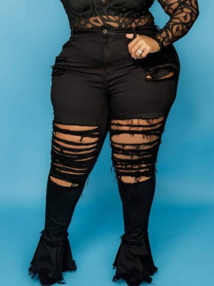 

LW Plus Size Ripped Flared Jeans, Black