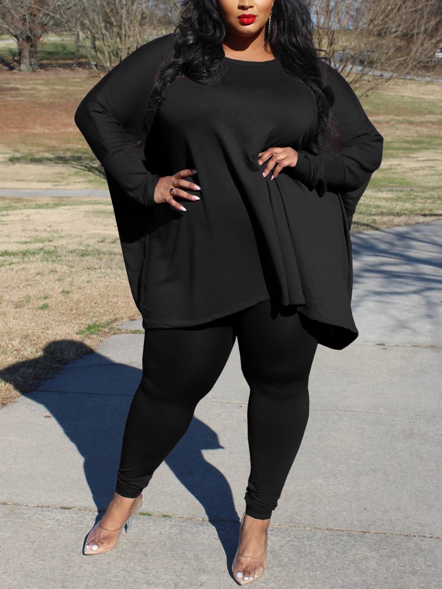 

LW Plus Size Round Neck Loose Pants Set, Black