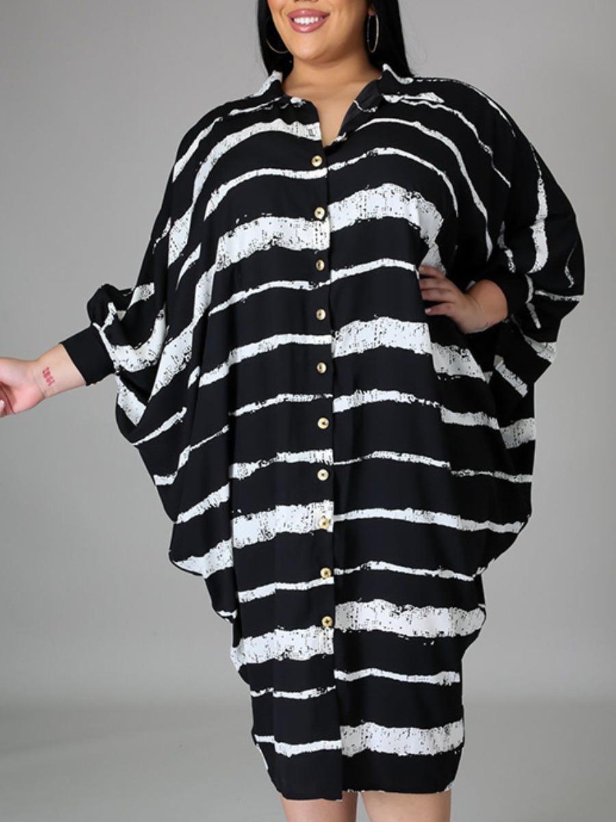 

LW Plus Size Striped Batwing Sleeve Shirt Dress, Black