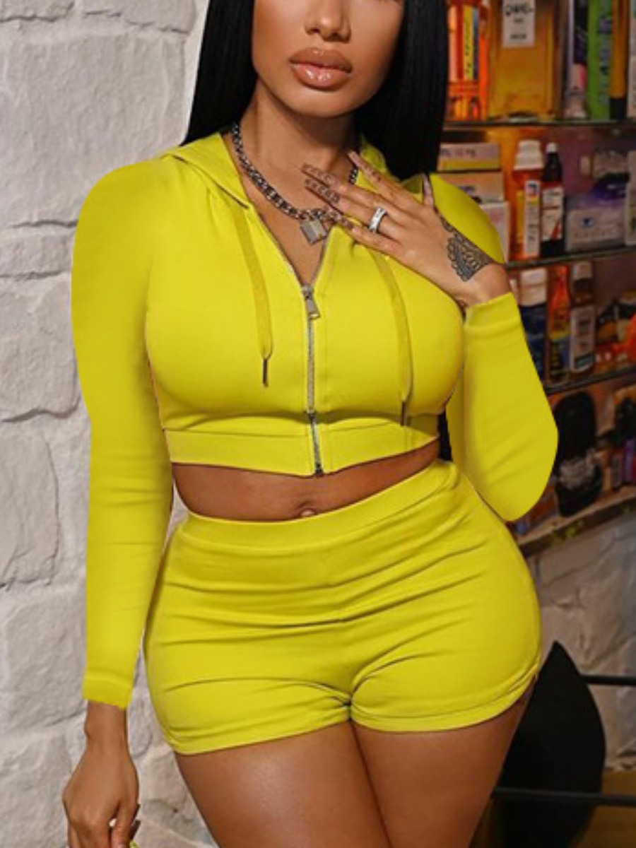 

LW Hooded Collar Crop Top Tracksuit Set, Yellow