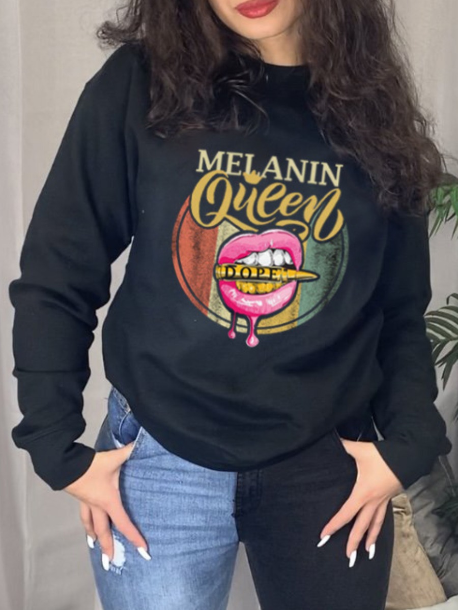 

LW Lip Letter Print Oversized Hoodie, Black