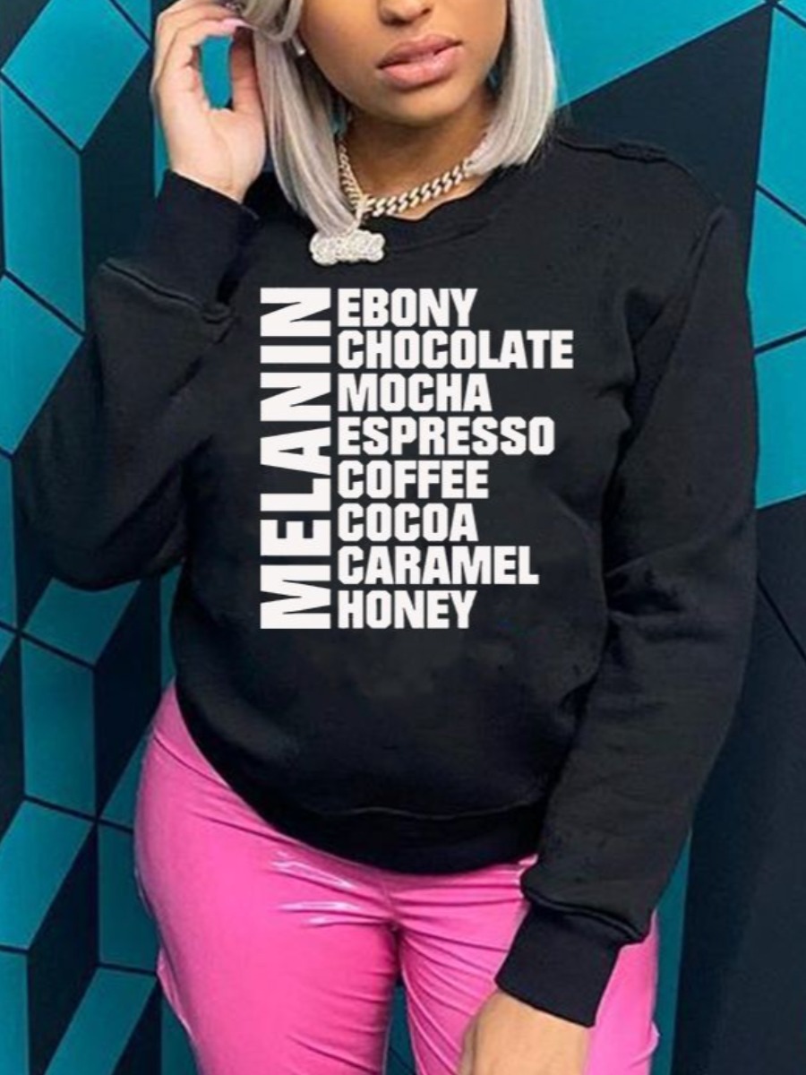 

LW Round Neck Letter Print Hoodie, Black