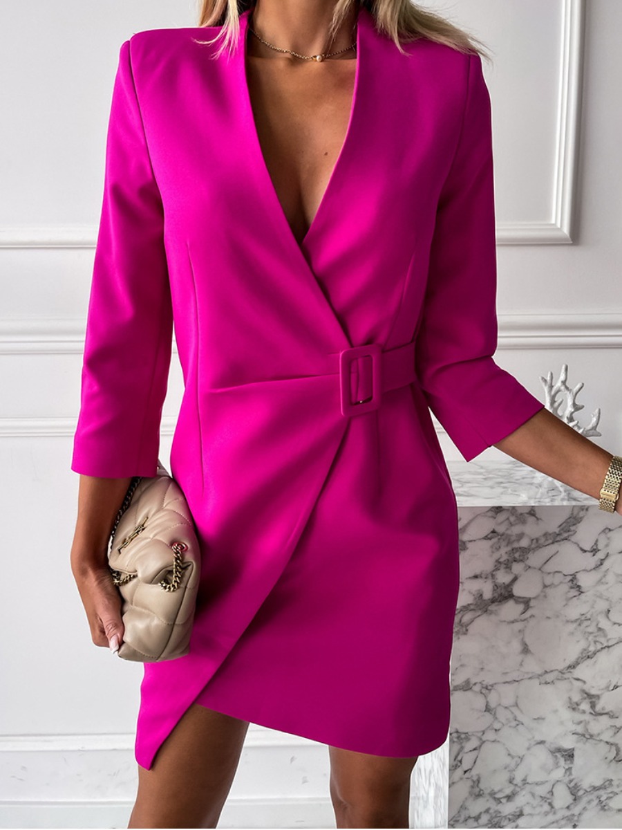 

Lovely Buckle Design Wrap Blazer Dress, Rose red