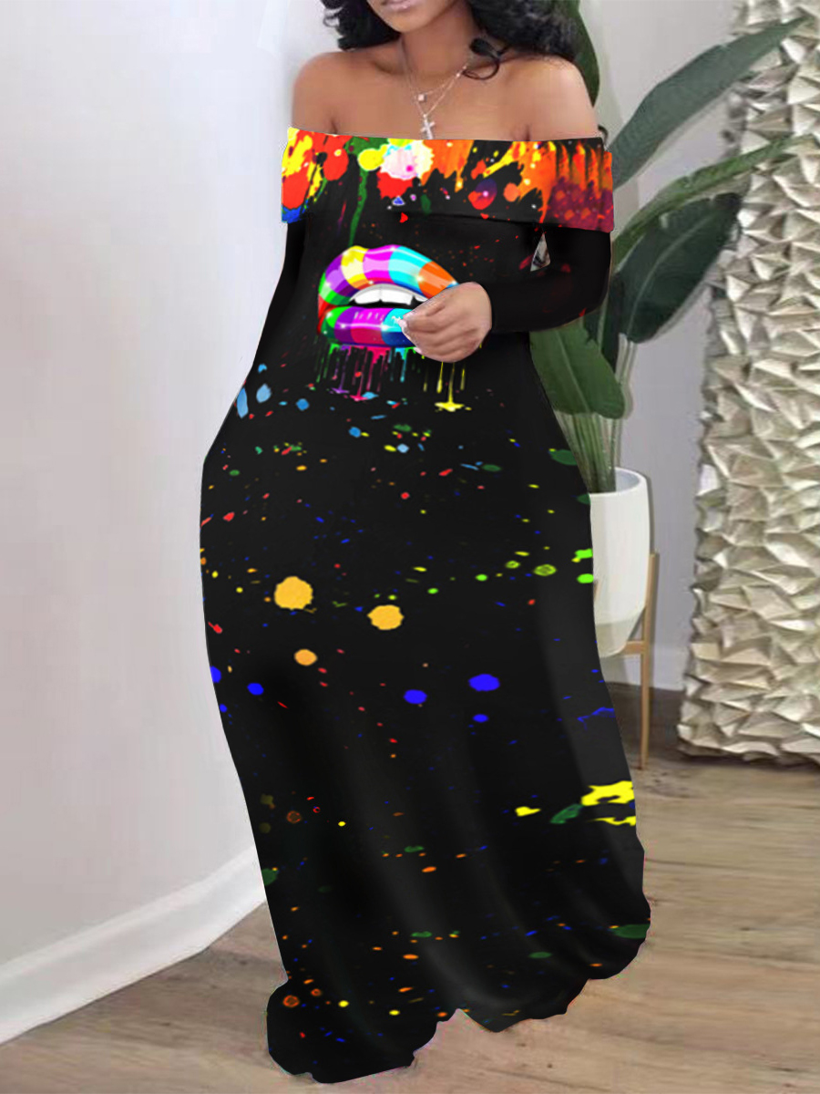 

LW Plus Size Off The Shoulder Splash-ink Design Dress, Black