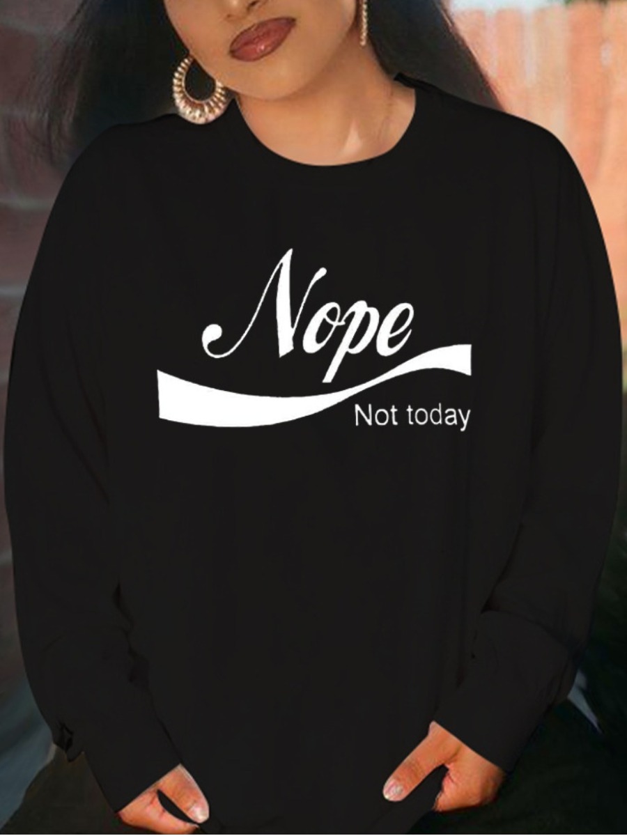 

LW Plus Size Round Neck Letter Print Hoodie, Black