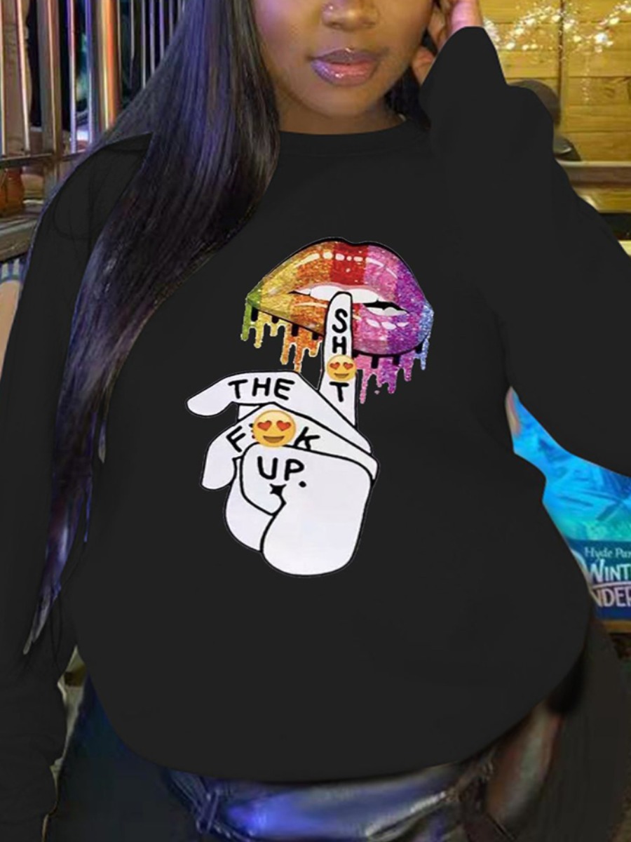 

LW Plus Size Lip Letter Print Hoodie, Black