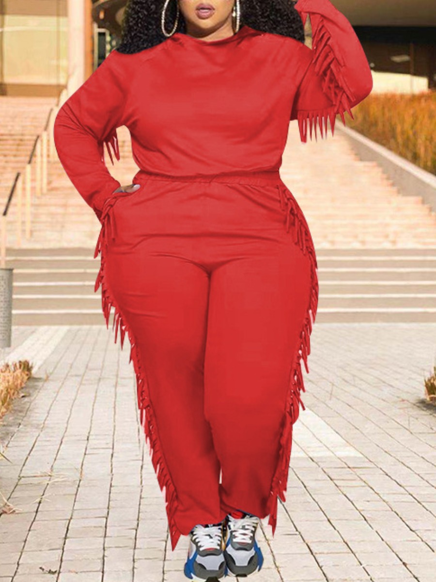 

LW Plus Size Round Neck Tassel Design Pants Set, Red