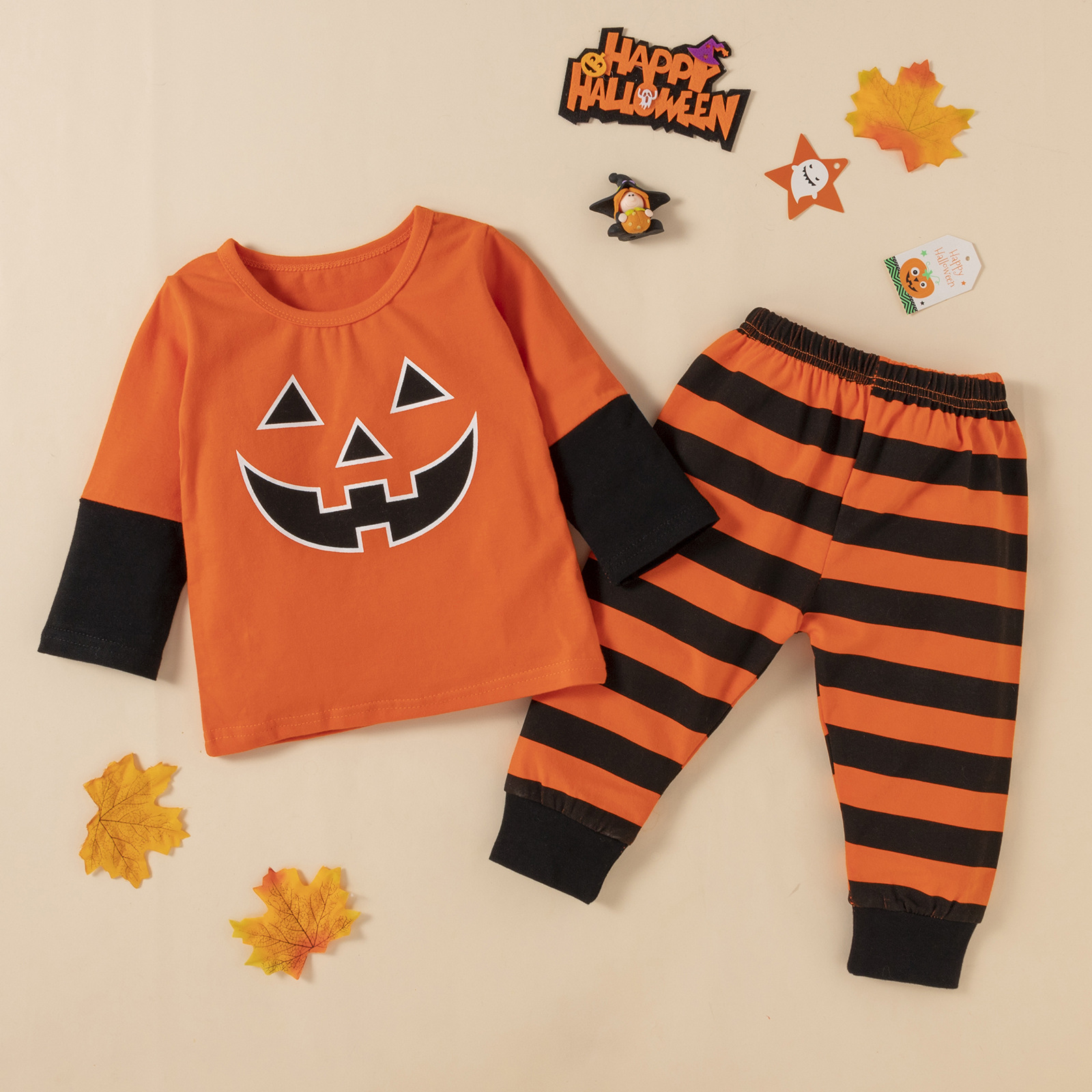 

Lovely Boy Striped Patchwork Two Piece Pants Set, Yellow stripes