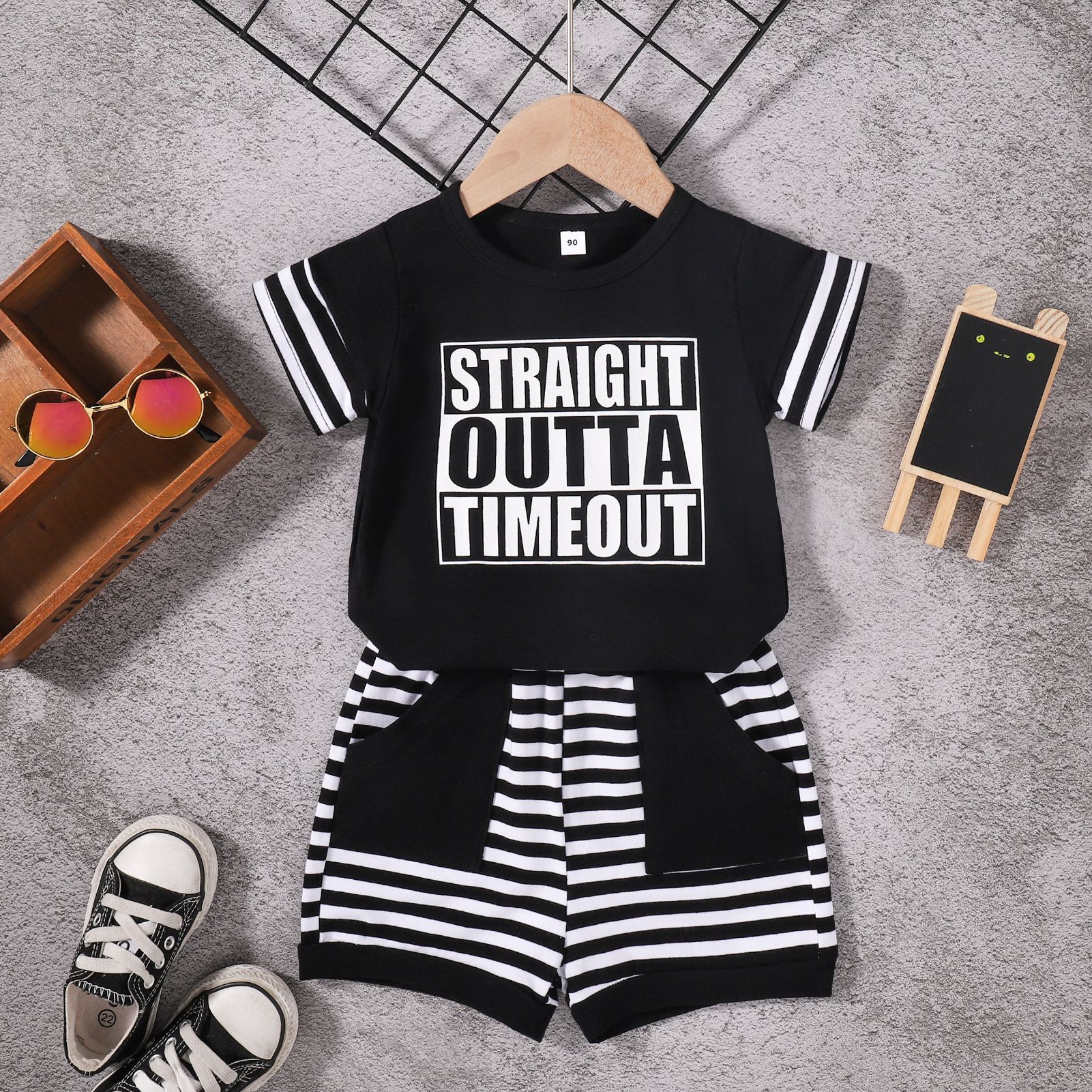 

Lovely Boy Letter Print Striped Two Piece Shorts Set, Black