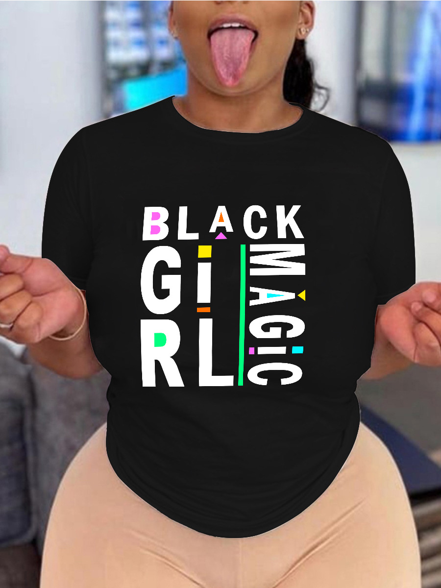 

LW Plus Size Round Neck Letter Print T-shirt, Black