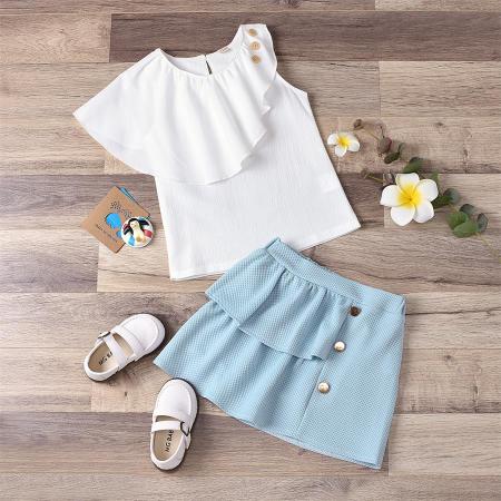 

LW COTTON Girl Fold-over Button Design Two Piece Skirt Set, White