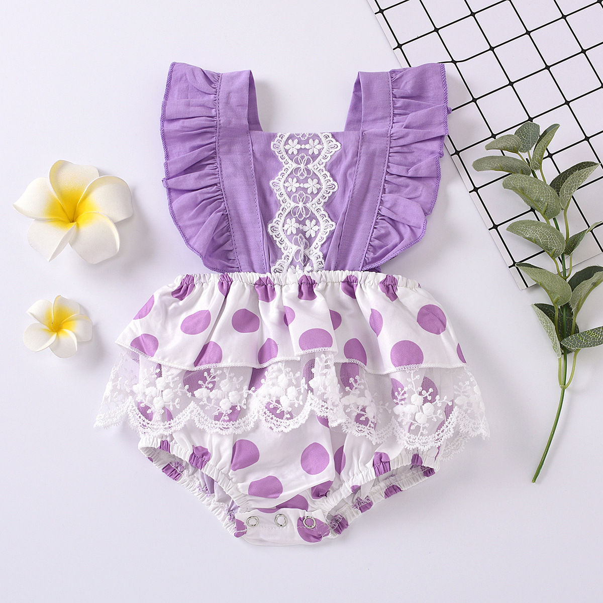 

LW COTTON Girl Material Series Dot Print Flounce Design Romper, Purple