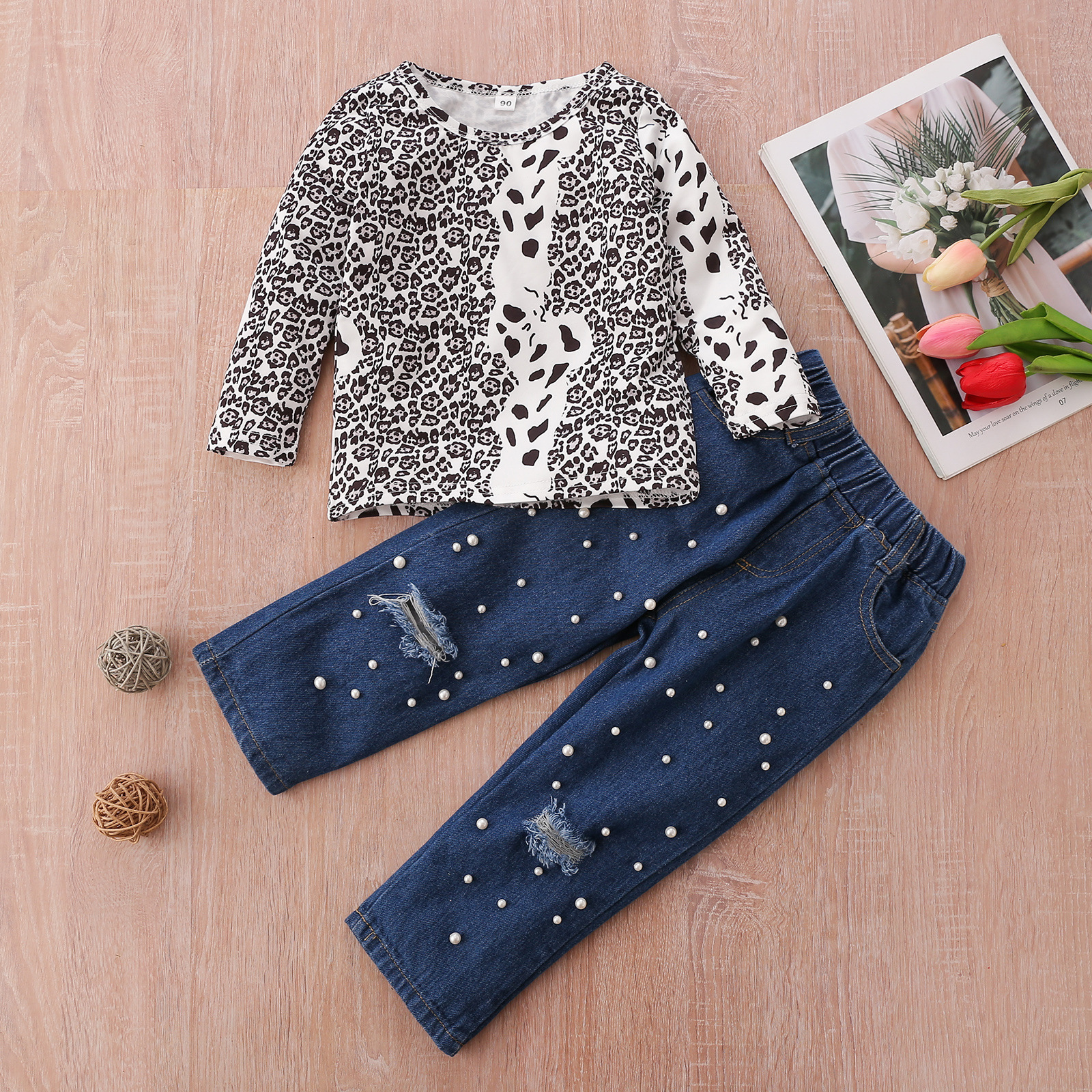 

LW COTTON Girl Leopard Print Pearl Decoration Pants Set