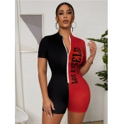 LW Sporty Letter Print Zipper Design Red One-piece
