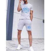 LW Men Casual O Neck Letter Print Grey Two Piece S