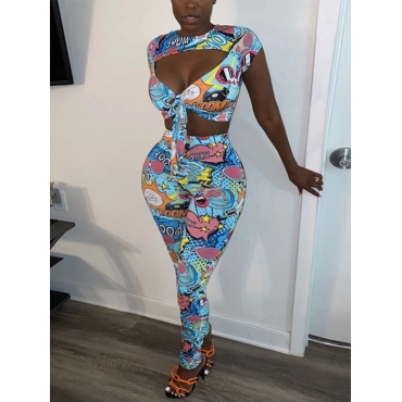 

LW Cartoon Letter Print Bandage Design Two Piece Pants Set, Blue