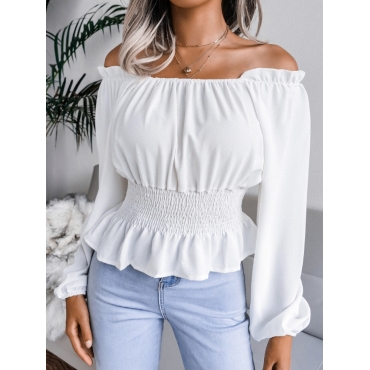 

Lovely Off The Shoulder Shirred Flounce Design Blouse, White