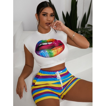 

LW Lip Print Striped Drawstring Two Piece Shorts Set, White