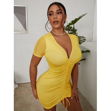 

LW Casual V Neck Drawstring Yellow Mini Dress