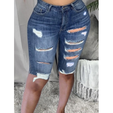 

Lovely Plus Size Street Mid Waist Ripped Deep Blue Denim Shorts