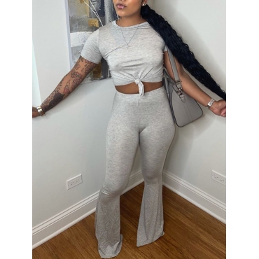 

Lovely Round Neck Flared Two Piece Pants Set, Grey
