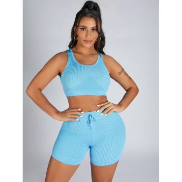 

Lovely Rib-Knit Drawstring Two Piece Shorts Set, Blue