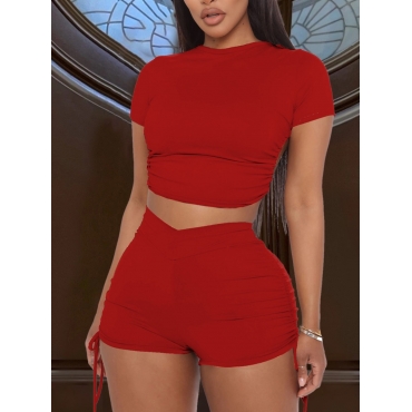 

Lovely Backless Drawstring Two Piece Shorts Set, Red