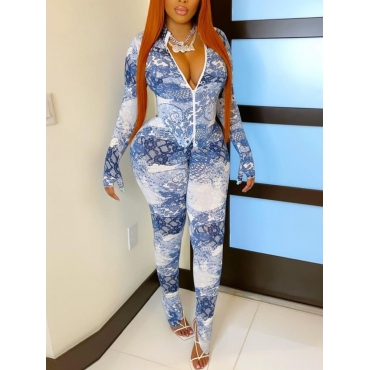 

LW Mixed Print Zipper Design One-piece Jumpsuit, Blue