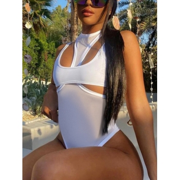 

Lovely Round Neck Hollow-out Bodysuit, White