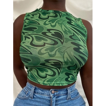 

Lovely Round Neck Heart Print Camisole, Green