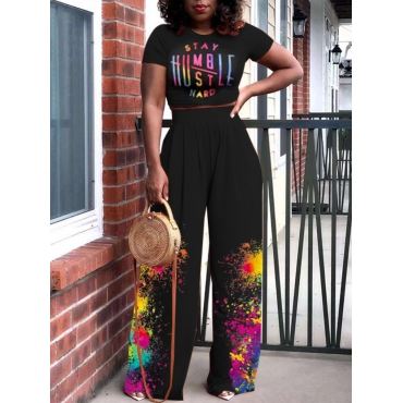 

LW Street Letter Print Splash-ink Design Black Two Piece Pants Set