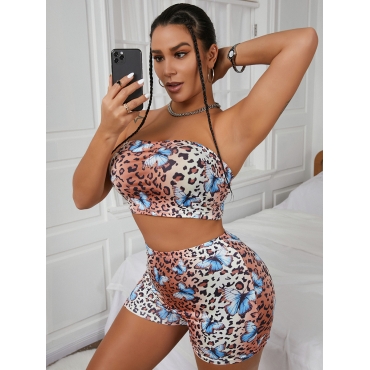 

Lovely Off The Shoulder Butterfly Leopard Print Two Piece Shorts Set