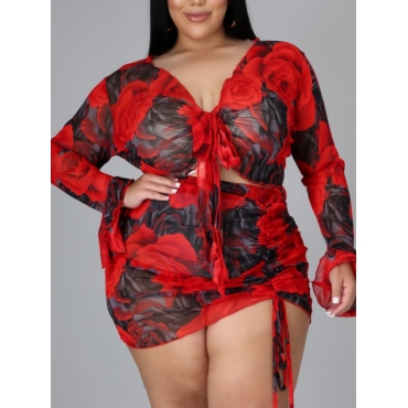 

LW Plus Size Floral Print Drawstring Two-piece Skirt Set, Red