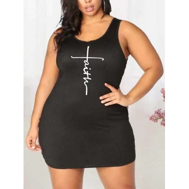 

Lovely Plus Size Casual U Neck Letter Print Black Mini Dress