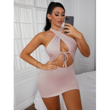 

LW SXY Backless Hollow-out Bandage Design Dress, Light camel