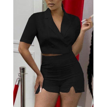 

LW Button Design Slit Two Piece Shorts Set, Black