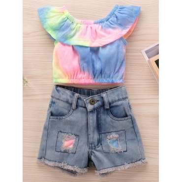 

Lovely Girl Boho Tie-dye Ripped Multicolor Two Piece Shorts Set, Multi