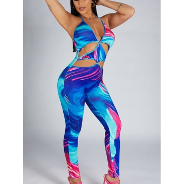 

LW SXY Mixed Print Hollow-out Blue One-piece Jumpsuit