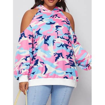 

LW Plus Size Camo Print Hollow-out Oversized Hoodie, Light pink