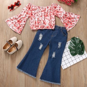 

LW COTTON Girl Material Series Floral Print Ripped Pants Set, Red