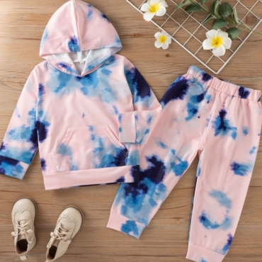LW COTTON Girl Hooded Collar Tie-dye Two Piece Pants Set