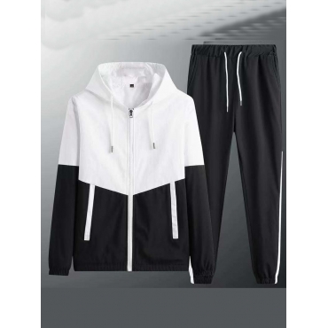 

LW Men Sportswear Hooded Collar Patchwork Black Two-piece Pants Set