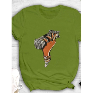 

LW Casual O Neck Print Green T-shirt