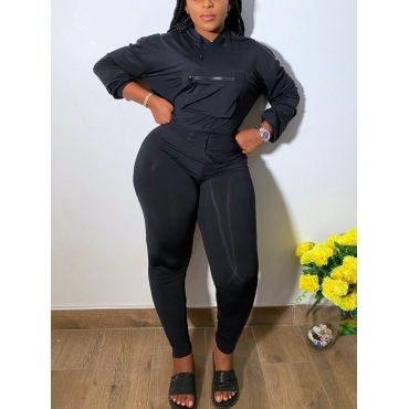 

LW Hooded Collar Front Pocket Pants Set, Black