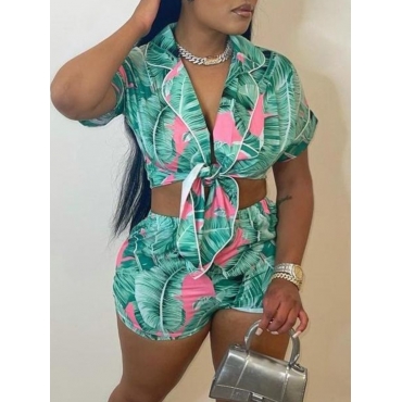 

LW Floral Print Asymmetrical Shorts Set, Green