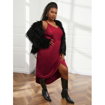 

Lovely Plus Size Wrap Fold Design Cami Dress (Without Coat), Wine red