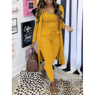 

LW Rib-Knit Drawstring Three Piece Pants Set, Yellow